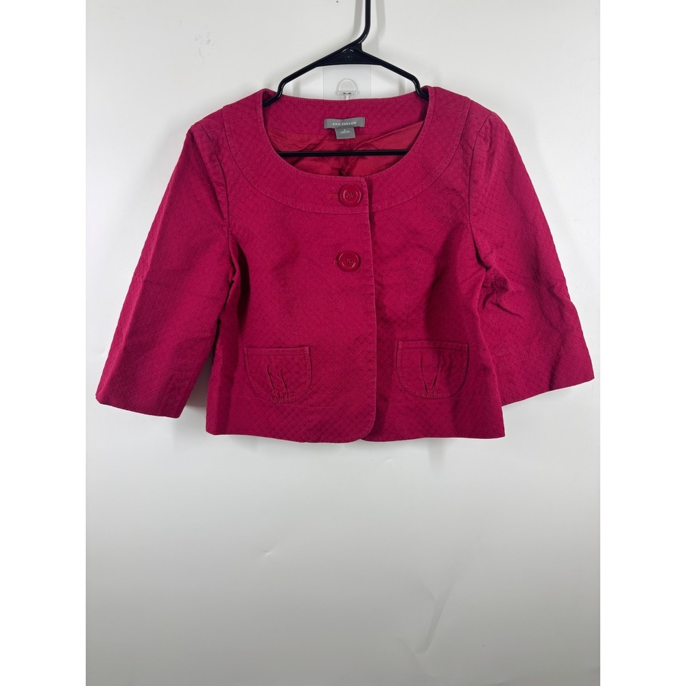 Ann Taylor Magenta Pink Textured Cropped Jacket Blazer 3/4 Sleeve Size 4 Twee